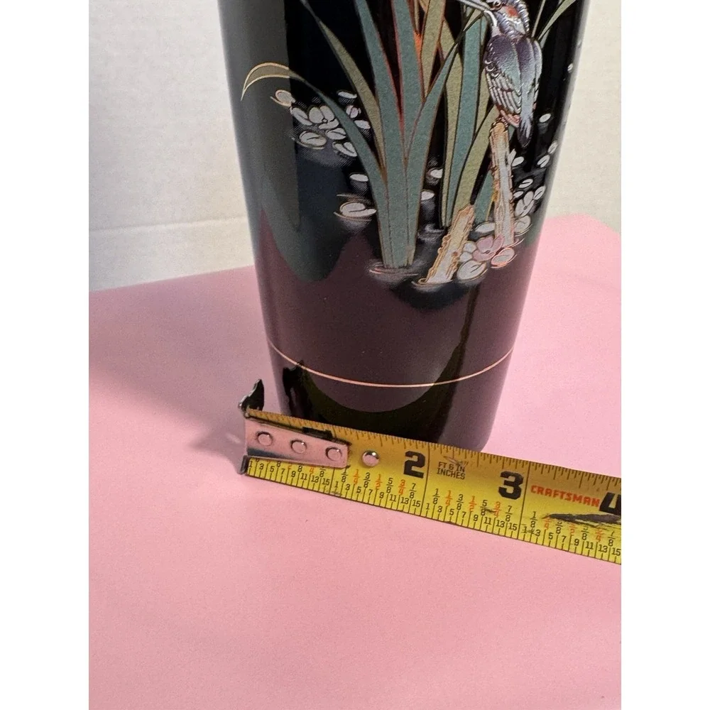 VTG Japanese  Vase Iris and Kingfisher Motif.  Black‎ Enamel Fast Shipping